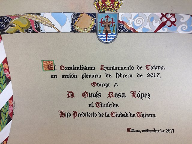 El acto de concesión del Título de Hijo Predilecto de la Ciudad de Totana al historiador Ginés Rosa será el 1 de diciembre