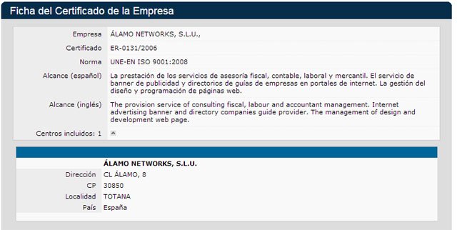 Ficha del Certificado de la Empresa ALAMO NETWORKS
