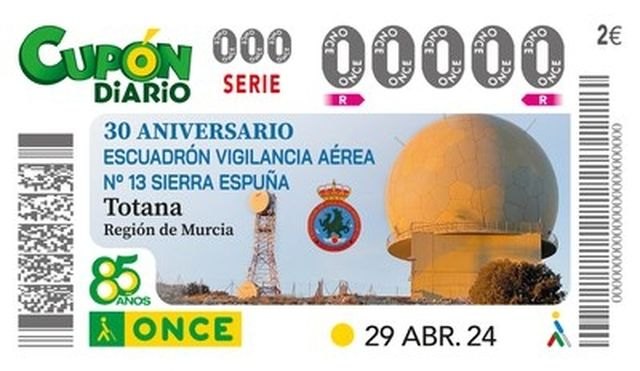 El Escuadrón de Vigilancia Aérea nº 13 de Sierra Espuña celebra su 30 aniversario en el cupón de la ONCE el 29 de abril
