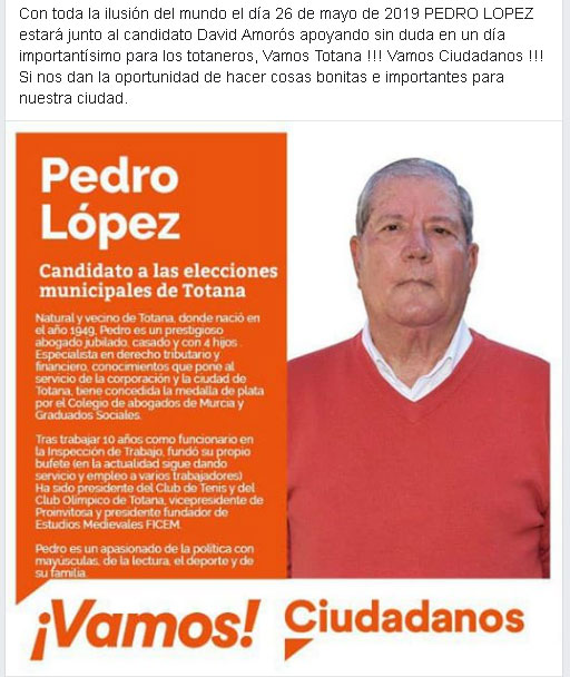 Pedro López concurrió a las pasadas elecciones municipales como número 3 en la lista de Ciudadanos, encabezada por David Amorós 