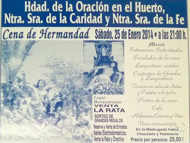 La Hermandad de la Oración en el Huerto, Ntra. Sra. de la Caridad y Ntra. Sra de la Fé celebra mañana una Cena de Hermandad