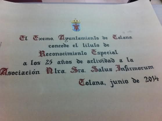 El ayuntamiento otorgará el Título de Reconocimiento Especial a los 25 años de actividad a la Asociación 'Nuestra Señora Salus Infirmorum'