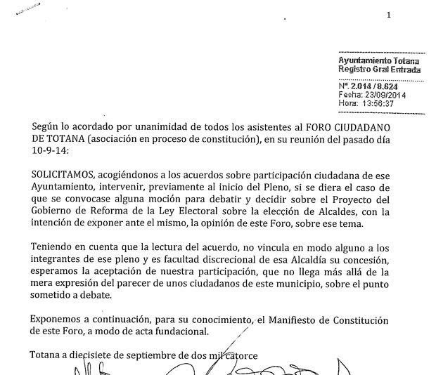 El Foro Ciudadano de Totana solicita intervenir antes del Pleno de esta noche