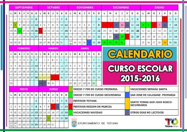 El comienzo del curso escolar 2015/16 en el municipio de Totana será el día 8 de septiembre en Educación Infantil y Primaria