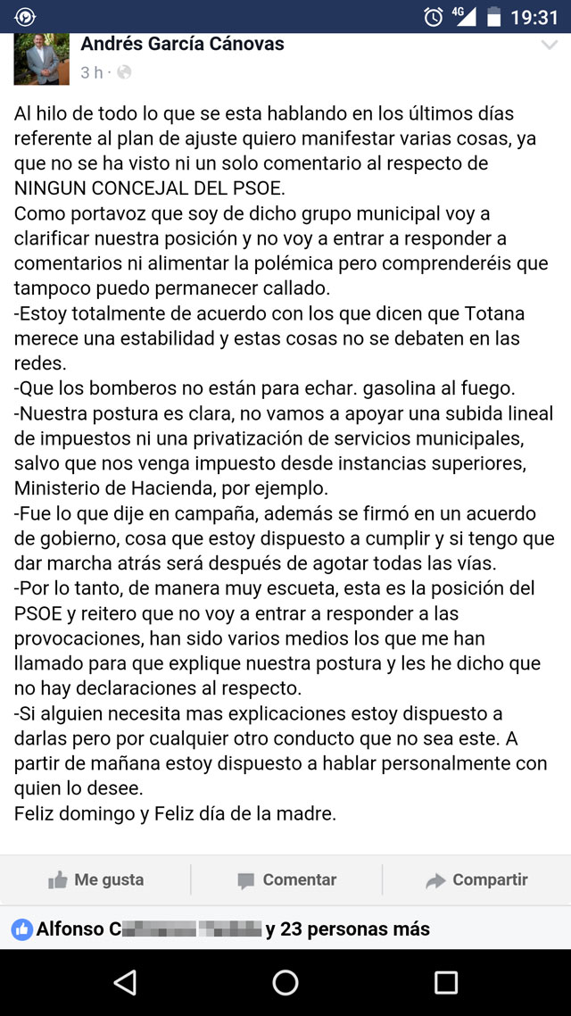 El primer teniente de alcalde asegura que 'los bomberos no están para echar gasolina al fuego'