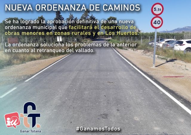 Ganar Totana-IU: 'La nueva Ordenanza de Caminos facilitará nuevas obras menores en zonas rurales y en Los Huertos'