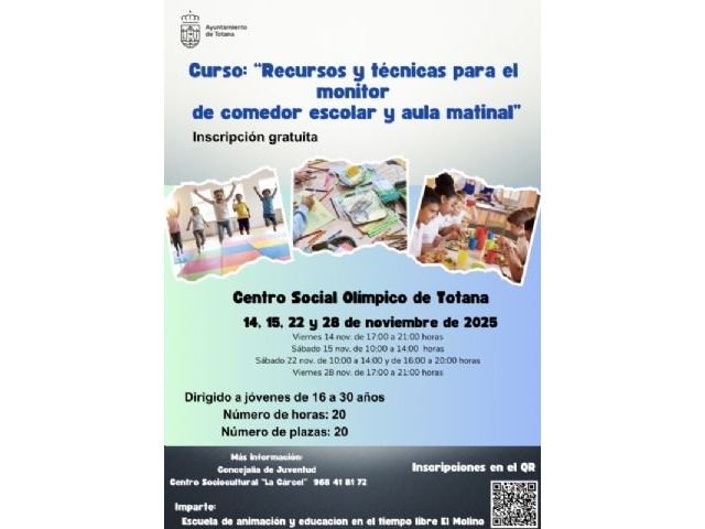 Se convoca, de nuevo, el Curso 'Recursos y Técnicas para el Monitor de Comedor Escolar y de Aula Matinal', de carácter gratuito