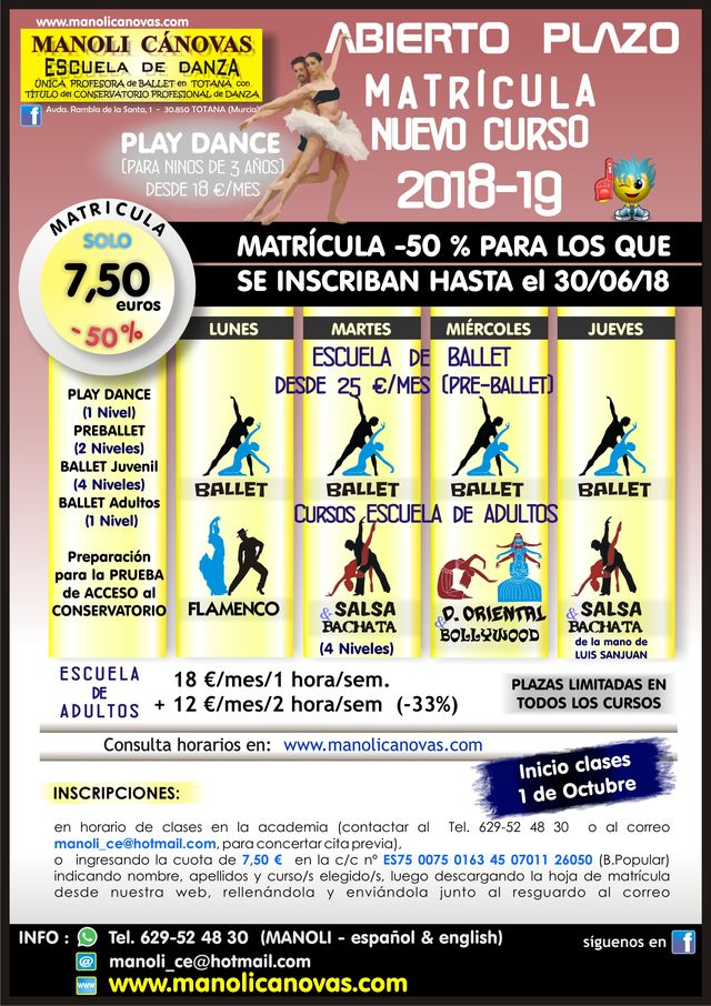 La Escuela de Danza Manoli Cánovas abre el plazo de matrícula para el curso 2018-19