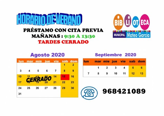 El servicio de préstamo de libros con cita previa de la Biblioteca Municipal “Mateo García” se cancela temporalmente del 10 al 23 de agosto