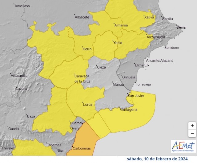 Avisos por viento y oleaje en el sureste el sábado 10 de febrero. Fuente de la imagen: AEMET.