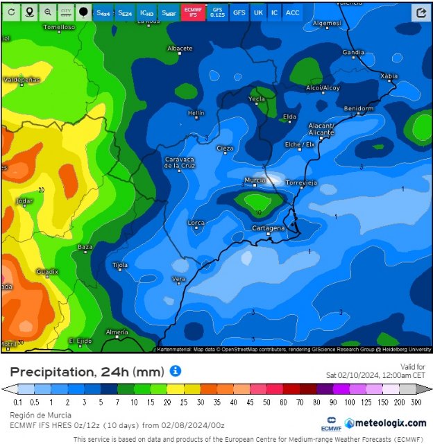 Precipitación prevista por el modelo ECMWF en el sureste el 9 de febrero. Fuente de la imagen: Meteologix.
