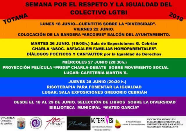 La Semana por el Respeto y la Igualdad del Colectivo LGTBI se celebrará en Totana del 18 al 29 de junio con numerosas actividades de sensibilización y culturales
