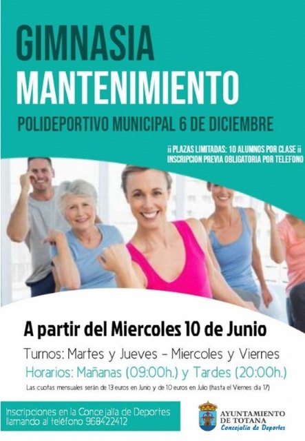 Deportes retoma mañana el Programa Municipal de Gimnasia de Mantenimiento en el Polideportivo Municipal