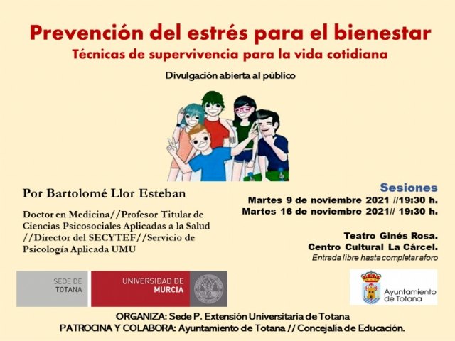 La Sede Permanente de Extensión Universitaria de la UMU en Totana recupera hoy su actividad presencial con la conferencia divulgativa “Prevención del Estrés para el bienestar”