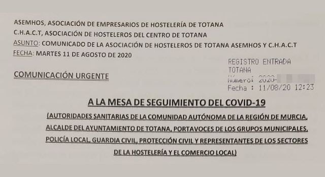 Comunicado de la asociación de hosteleros de Totana ASEMHOS y C.H.A.C.T