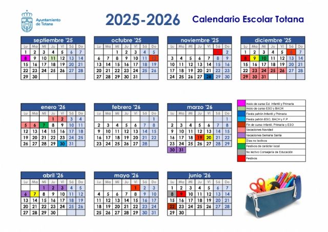 El curso escolar 2025/2026 comenzará el 8 de septiembre en Educación Infantil y Primaria; y el 11 del mismo mes en Secundaria, FP y Bachillerato en Totana