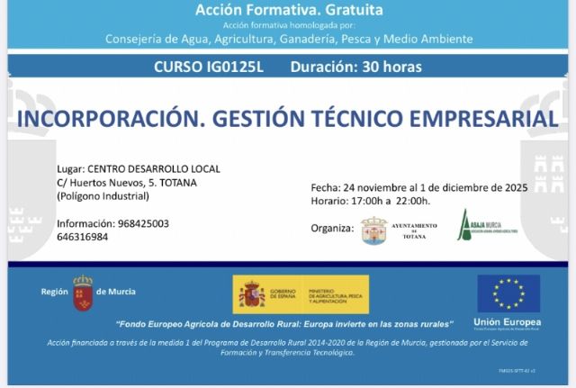 Promueven la segunda edición del curso gratuito de Gestión Técnico Empresarial, organizado por la Concejalía de Formación y Empleo y ASAJA