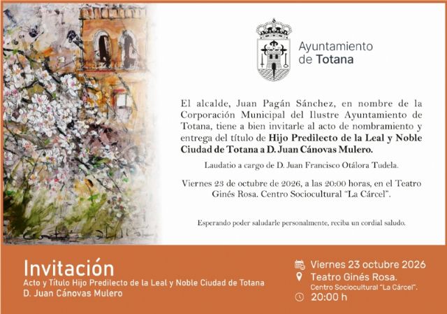 Totana nombrará a Juan Cánovas Mulero Hijo Predilecto el viernes