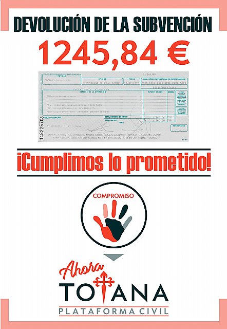 Devolución de la subvención al grupo político Ahora Totana