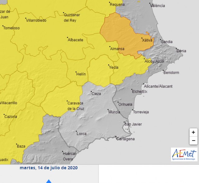 Las tormentas podrán ser fuertes en el interior de la Región de Murcia mañana martes