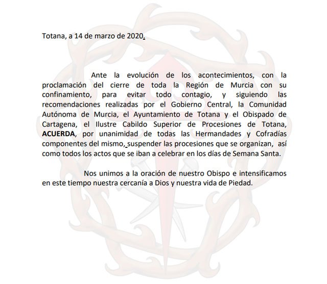 Se suspenden las procesiones y actos de la Semana Santa de Totana 2020