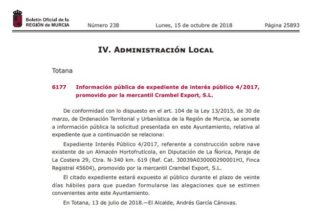 El BORM publicó ayer la información pública de dos expedientes de interés público