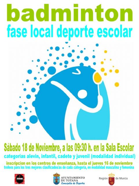 La Fase Local de Bádminton de Deporte Escolar tendrá lugar este próximo sábado 18 de noviembre, en la Sala Escolar