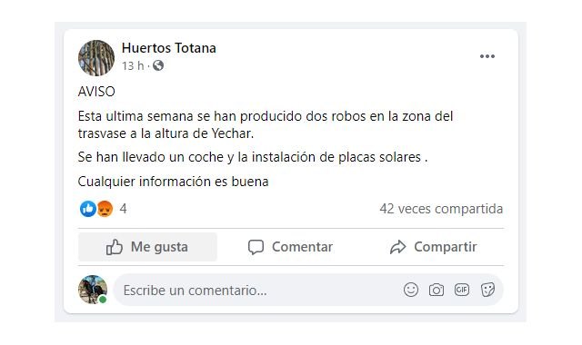Diversas publicaciones de la Asociación de Vecinos de los Huertos de Totana en redes sociales
