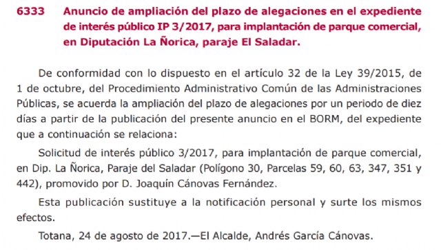Anuncio de ampliación del plazo de alegaciones en el expediente de interés público IP 3/2017, para implantación de parque comercial, en Diputación La Ñorica, paraje El Saladar