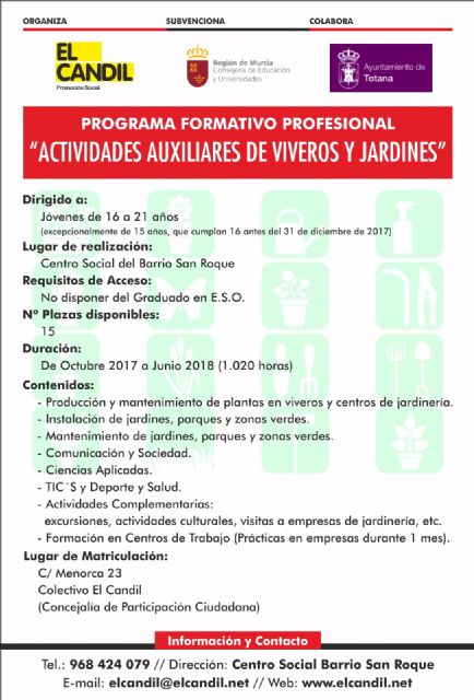 Abierto el plazo de matriculación para el programa formativo profesional de actividades auxiliares de viveros y jardines