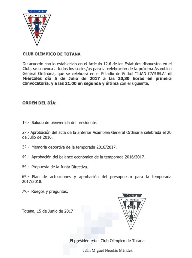El Club Olímpico de Totana convoca a los socios/as a la Asamblea General Ordinaria que tendrá lugar el próximo 5 de julio