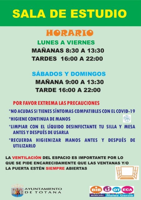 La Concejalía de Cultura recuerda el nuevo horario de la Sala de Estudios, reabriendo los domingos a partir de este fin de semana