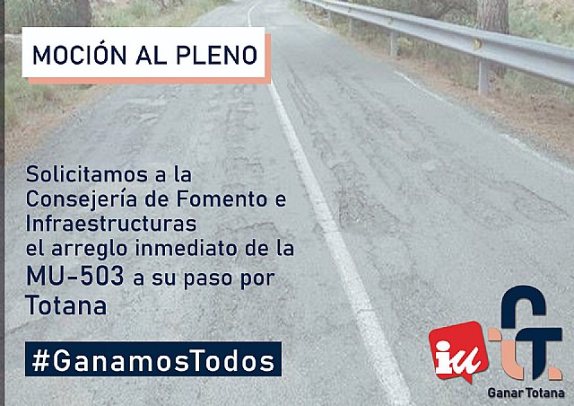 Ganar Totana-IU solicitará el arreglo de la carretera MU-503 a su paso por Totana en el próximo pleno
