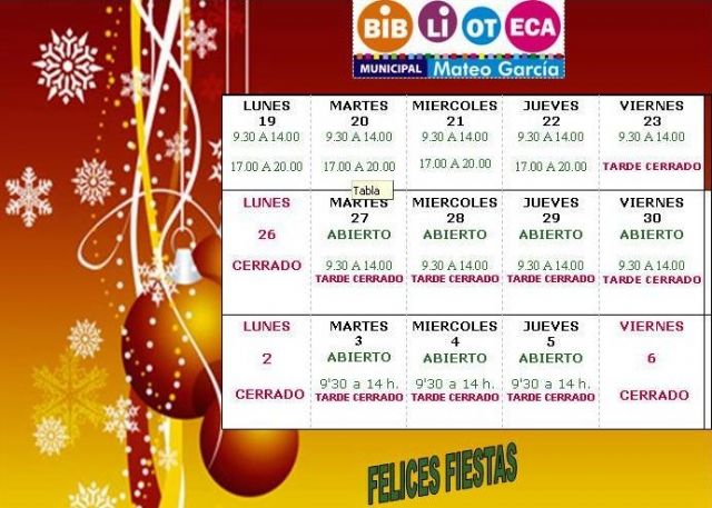 Nuevos horarios de la Biblioteca Municipal y la Sala Escolar con motivo de las fiestas de Navidad y Reyes