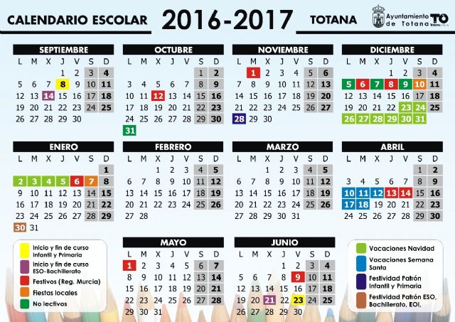 El comienzo del curso escolar 2016/17 en Totana será el día 8 de septiembre en Educación Infantil y Primaria