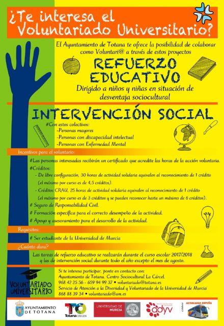 La Concejalía de Juventud oferta, un año más, el programa de Voluntariado Universitario para el curso 2017/2018