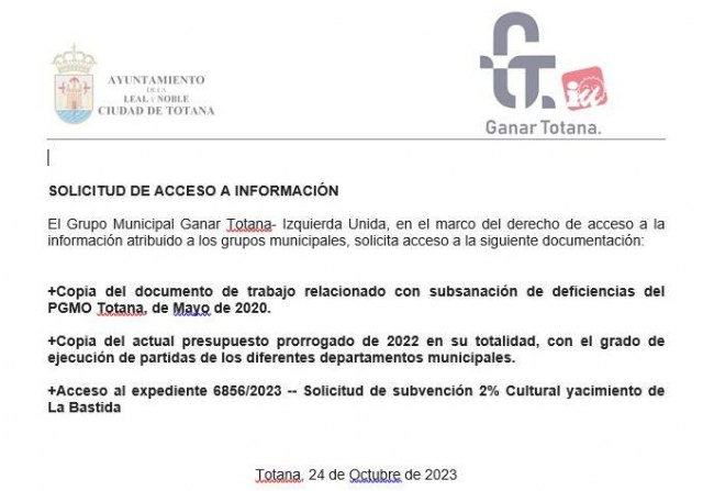 El Grupo Municipal Ganar Totana solicita información clave al equipo de gobierno para su labor de oposición