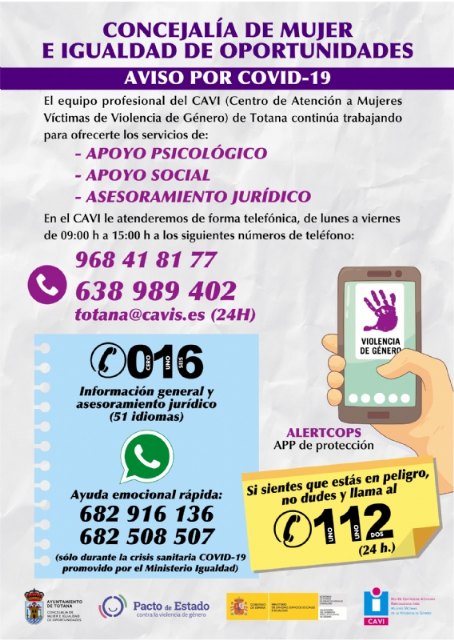 El CAVI atiende 187 intervenciones en Totana durante el tiempo de confinamiento, en el que se han registrado seis nuevos casos de violencia de género