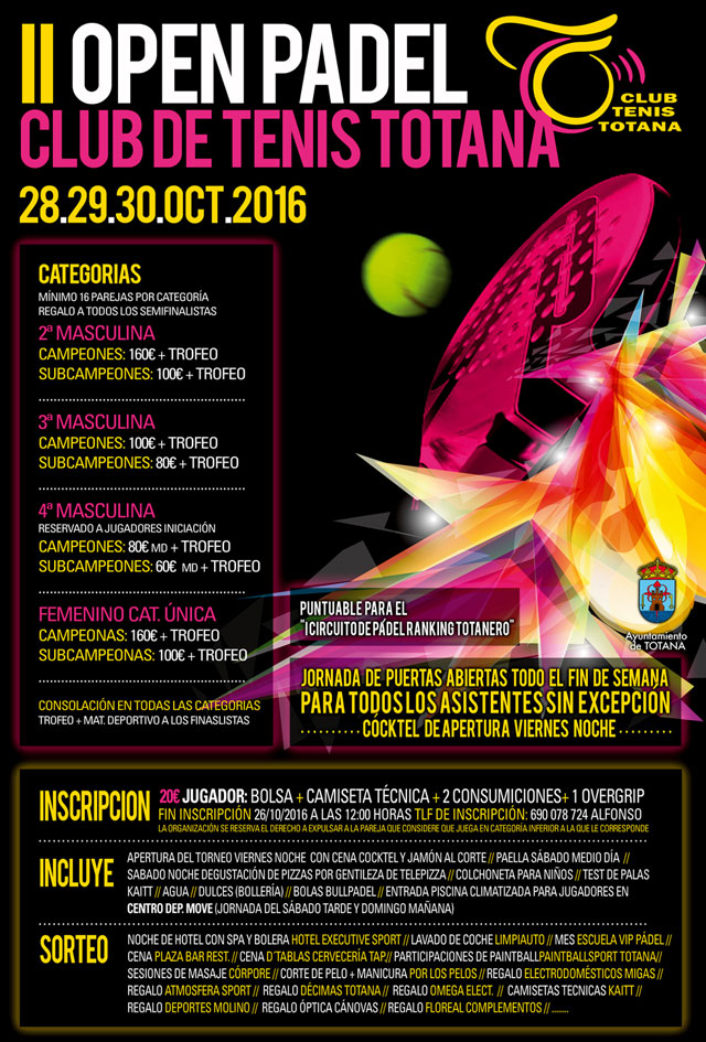 El II Open de Padel Club de Tenis Totana tendrá lugar este fin de semana