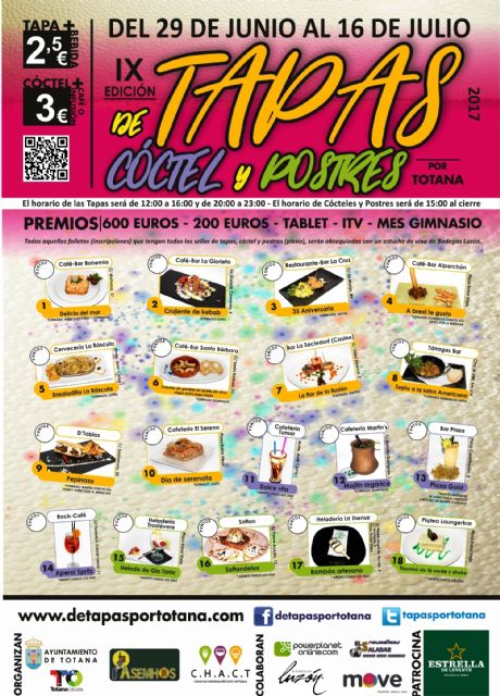 La IX Ruta de las Tapas, el Cóctel y Postres de Totana se celebrará del 29 de junio al 16 de julio