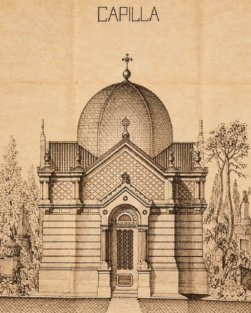 Diseño de la capilla del cementerio propuesta por Justo Millán en 1882 y su materialización en una imagen de 2018. La suntuosidad hubo de ser sustituida por la sencillez, condicionada por una coyuntura económica de serias limitaciones.