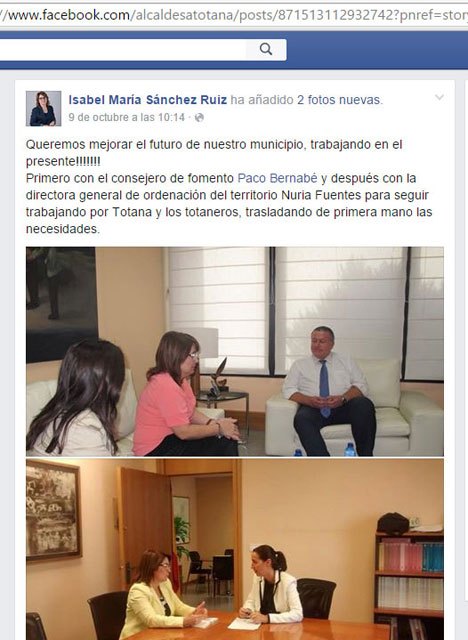 La portavoz del PP publicó el pasado 9 de octubre a las 10:14 fotos de encuentro con el consejero de Fomento  y con la Directora General de Ordenación del Territorio | facebook.com/alcaldesatotana