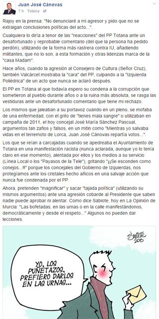 El alcalde se pronuncia sobre la polémica suscitada por 'un desafortunado y reprobable comentario' publicado en Facebook tras la agresión a Rajoy