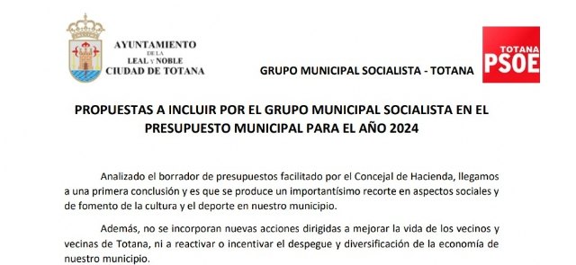 Esta son las propuestas del PSOE al Presupuesto de 2024 rechazadas por PP y Ganar Totana-IU