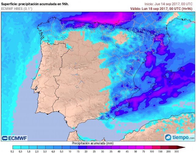 Precipitaciones esperables según el modelo europeo entre el viernes y el sábado. Son estimaciones.