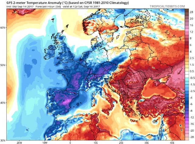 n este mapa apreciamos que el sábado a mediodía las temperaturas en toda Europa Occidental estarán muy por debajo de los valores medios (España, Portugal, Francia, Reino Unido, Bélgica, Holanda, Suiza, etc.). Pero con especial incidencia en el centro y este de España.