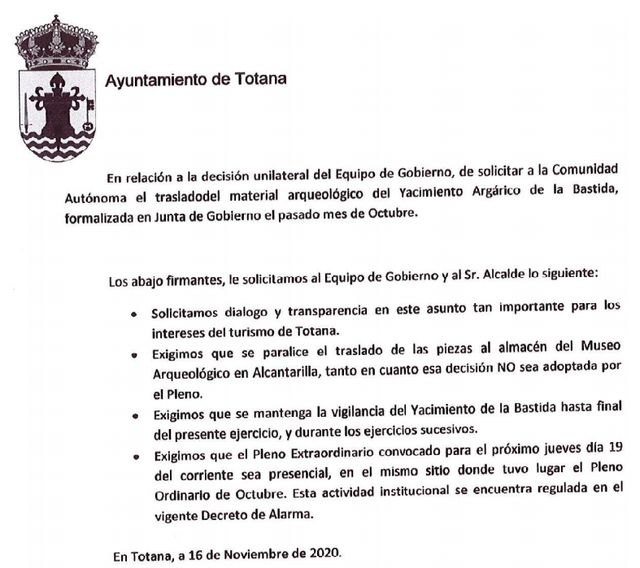 Nota de prensa conjunta de los grupos de la oposición en relación a La Bastida