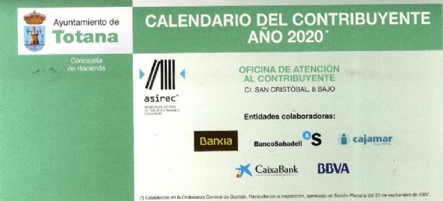 La Concejalía de Hacienda hace público el calendario del contribuyente del año 2020, con los conceptos y fechas previstas en período voluntario