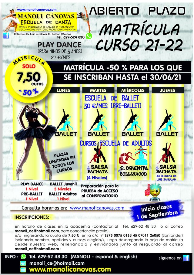 La Escuela de Danza Manoli Cánovas abre el plazo de matrícula para el curso 2021-22
