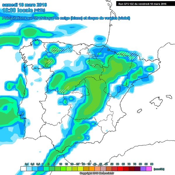 Mapa con la predicción para el sábado a las 10 de la mañana en el que se observa el frente a las puertas de la Región de Murcia. Consulte la leyenda de colores que indican la cantidad de precipitaciones estimada